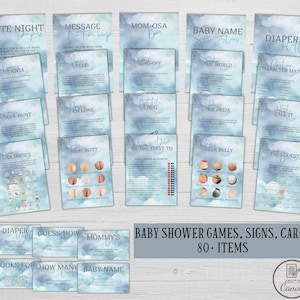 We are on cloud nine baby shower games Editable We’re on cloud 9 baby sprinkle game bundle Boy blue sky activity pack Printable cards signs