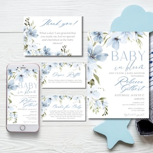 Ensemble d'invitation garçon bébé en fleur, invitation de baby shower de fleurs sauvages bleues, modèle de saupoudrage de bébé fleur de prairie modifiable Pack brunch floral pour bébé