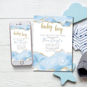 Convite minimalista para chá de bebê de menino, convite com glitter editável, convite azul e dourado para comemoração de mamãe, modelo elegante para festa de recém-nascido