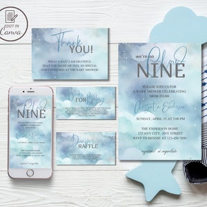 Nous sommes sur une invitation à une baby shower pour garçon, nuage bleu, invitation par téléphone à saupoudrer de nuage bleu, modèle de costume modifiable nuage 9 pour garçons minimalistes evite