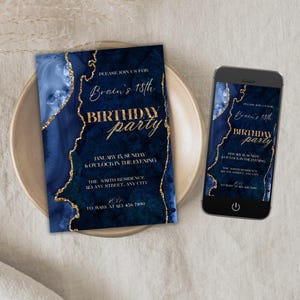 Elegante Glitzer-Geburtstags-Feier-Einladung für Erwachsene Bearbeitbare Blau-Gold-Achat-Bday-Party-Karte Luxus-Männer-Frauen-Abendessen-Marmor-Telefonvorlage