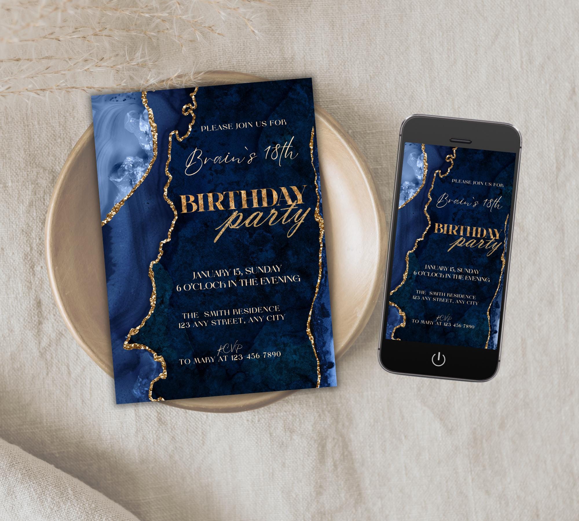 Elegant adult glitter birthday celebration invitation Editable blue gold agate bday party card Luxury men women dinner marble phone template