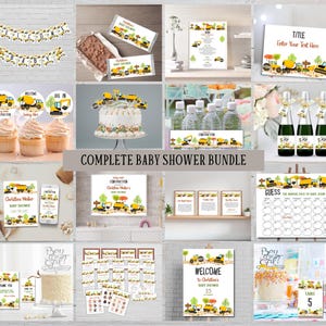 Complete Baby under construction baby shower invitation bundle Yellow trucks sprinkle party supplies templates Editable mom-to-be printables