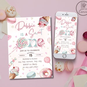 Süße Mädchen-Geburtstagseinladung, Pastellsüßigkeiten erste Geburtstagsfeier laden ein Bearbeitbare Evite-Vorlage, Donut Candy Eis Cupcake Macaron