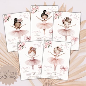 Bearbeitbare Ballerina-Geburtstagseinladung, Blumenballett-Tänzerin Vorlage, bedruckbares Tutu niedliches Mädchen-Bday-Party einladen, Telefon evité Danke-Tag