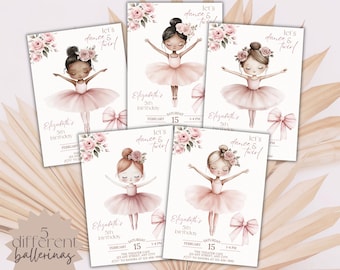 Editable ballerina birthday invitation, Floral Ballet dancer template, Printable tutu cute girl bday party invite, Phone evite Thank you tag