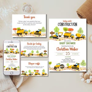 Baby in aanbouw babyshower uitnodiging, gele vrachtwagens bestrooi uitnodigingssjabloon Bewerkbare stortplaats betonmixer bulldozer aanstaande moeder-pakket