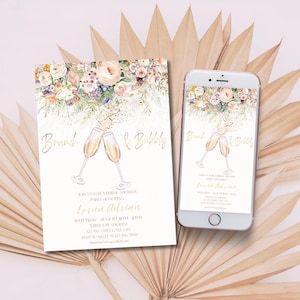 Brunch floral et invitation à une douche nuptiale pétillante, modèle de bachelorette champagne fleurs aquarelle, evite d'anniversaire pour femmes bouquet Prosecco