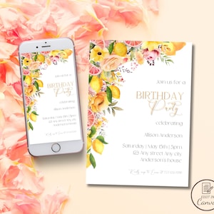 Faire-part d'anniversaire floral pour femme aux agrumes, invitation à une fête d'anniversaire modifiable pour femmes, pamplemousse citron, fleurs élégantes, douche nuptiale printemps-été
