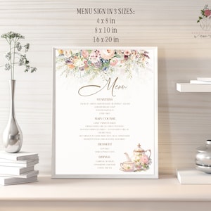 Blumen-Teeparty-Babyparty-Menüschild Druckbares Par-Tea-Menüplakat Bearbeitbarer Tee mit der Menükarte „Baby Sprinkle“ für die werdende Mama