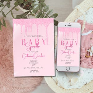Convite minimalista para chá de bebê com glitter, Convite editável para chá de bebê com glitter, Convite brilhante para comemoração de futura mamãe, Festa de recém-nascido