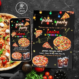 May include: A black and white digital invitation for a pizza party. The invitation features a colorful text overlay that says "pizza party" and "Laura is turning 10". The invitation also includes images of pizza, a rolling pin, and a pizza cutter.