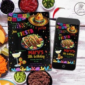 Tacos und Margarita Mexikanische Geburtstagseinladung, bearbeitbare Taco bout bday Party einladen, Mann Frau Erwachsene Fiesta Geburtstag elektronische Vorlage
