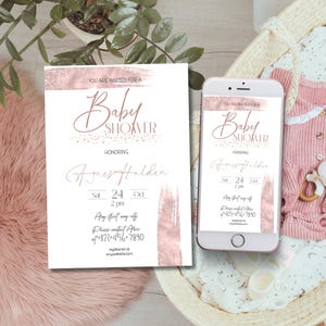 Invitación minimalista para baby shower de niña, invitación editable con brillantina, celebración para futura mamá con pinceladas rosas, plantilla elegante para fiesta de recién nacidos
