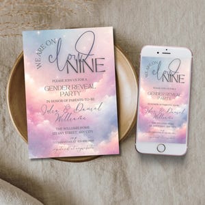 Wir sind auf Wolke neun Mädchen Jungen Babypartyeinladung Sonnenuntergang Wolken streuen einladen bearbeitbare Wolke 9 Geschlecht offenbaren Party Vorlage Telefon evite