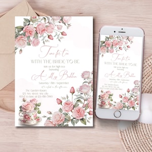 Zeit für Tee mit der zukünftigen Braut einladen, Blumen Brautparty-Teeeinladung, rosa Rosen-Par-Tea-Einladung, Bachelorette-Vorlage Geburtstagskarte