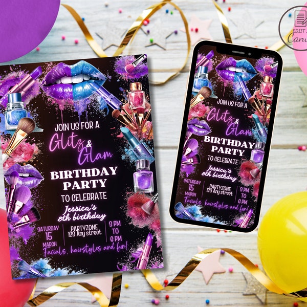 Chic neon glitz and glam birthday party invitation template, Glamour makeup girls night electronic invite, Editable SPA tween bday evite