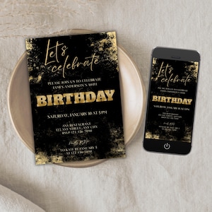 Glitter Geburtstagsfeiereinladung für Erwachsene Schwarz Gold lassen Sie uns bday feiern evité Luxus Männer Frauen Abendessen Goldpuder Telefon Vorlage