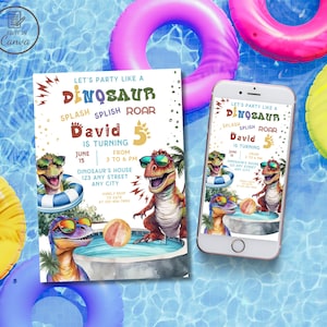 Dinosaurier-Geburtstagseinladung, bearbeitbare Dino-Pool-Party-Einladung, Sommer-T-Rex mit Sonnenbrille-Geburtstagsvorlage, Jurassic-Dino-Milben-Schwimm-Evite