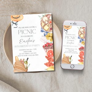 Verjaardagsuitnodiging picknick, bewerkbare uitnodiging voor verjaardagsfeestje zomer, moderne sjabloon voor slokjes en dips, wijnkaasbord charcuterie bord croissant
