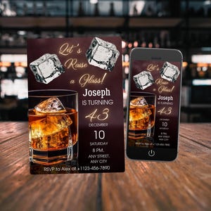 Invitation de fête d'anniversaire pour adulte, invitation modifiable pour homme, whisky cognac liqueur brandy scotch bday, levons un verre brutal