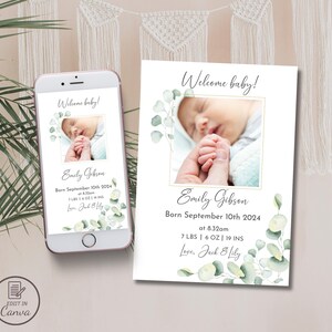 Greenery birth announcement, Eucalyptus baby birth card with photo, Elegant newborn cards, minimalist first birthday invite, gender neutral
