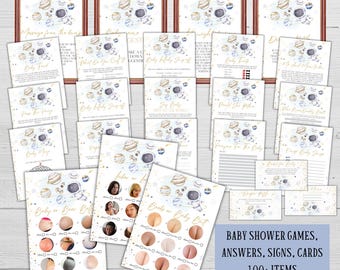 Editable space baby shower games, Galaxy baby sprinkle game bundle, Newborn boy activity pack, Printable astronaut templates, mom to be set