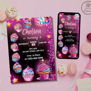 Leuchtende Neon-Cupcake-Geburtstagseinladung, Kinder-Cupcakes-Dekorationsparty-Einladung, bearbeitbare Back-Bday-Evite, Mädchen-Kochparty-Vorlage