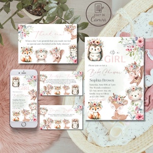 Bloemen bos dieren meisje babyshower uitnodigingsset, bewerkbare lente zomer bos thema baby strooi sjabloon set schattig bos dier