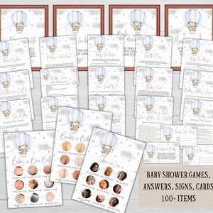 Teddy bear in hot air balloon baby shower games, Editable we can bearly wait boy sprinkle game bundle, Activity pack, Printable cards signs