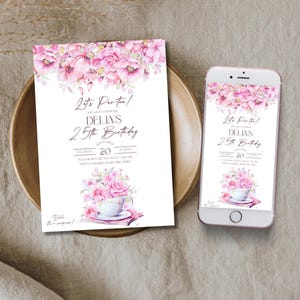 Invitación a una fiesta de té de cumpleaños, invitación editable para una fiesta de té, plantilla de cumpleaños para mujer, elegante invitación floral para despedida de soltera, tarjeta telefónica con mensaje "Bebé está esperando"