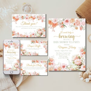 Dulce bebé se está preparando invitación de fiesta de té para baby shower Invitación editable para bebé espolvoreado para té Plantilla de merienda con futura mamá Paquete floral