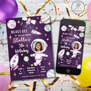 May include: Purple and pink space-themed birthday invitation with a photo of a child in an astronaut costume. The invitation says "Blast Off! Join us to celebrate Stalla's 5th birthday".