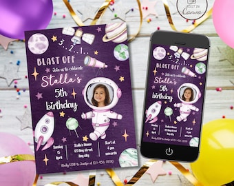 Uitnodiging voor verjaardagsfeestje voor meisje met foto, bewerkbare galaxy verjaardagsfeestje uitnodigingssjabloon, schattige astronaut in de ruimte evite, ontploffing