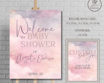 We zijn op cloud nine baby shower welkom aangepaste tekensjablonen, bewerkbare roze cloud 9 babybrunch welkomstbord, afdrukbare roze luchtbenodigdheden