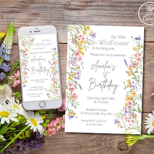 Invito di compleanno per bambini con fiori di campo, Il nostro piccolo fiore selvatico è uno, Modello modificabile per festa di compleanno di fiori primaverili, Evite floreale di genere neutro