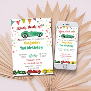 Convite de aniversário de carros de corrida Convite para festa de rali editável Modelo eletrônico de aniversário de menino de corrida Convite de telefone de aniversário de meninos de corrida legais para impressão