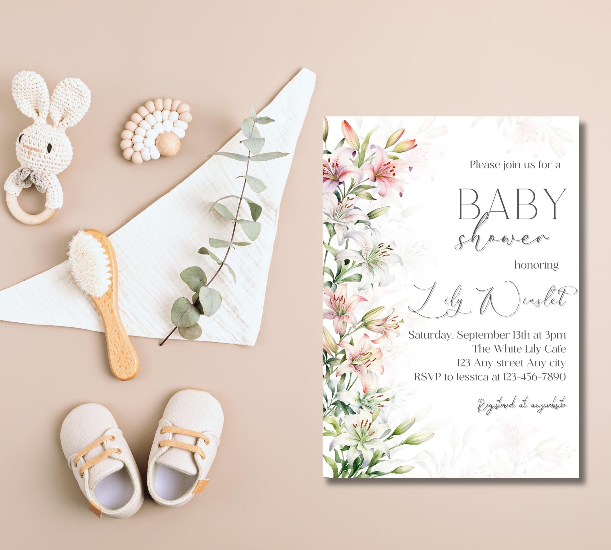 Editable Lilies Baby Shower Invitation Set Watercolor Lily Flowers Baby ...