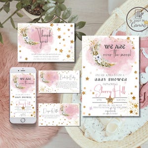 We zijn dolgelukkig meisje babyshower uitnodiging, roze wolk baby strooi telefoonuitnodiging, bewerkbare sjabloon fonkelende kleine ster, Galaxy evite