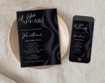 All black affair adult birthday invitation Editable black tie little dress bday party invite Luxury men women template Corporate gala dinner