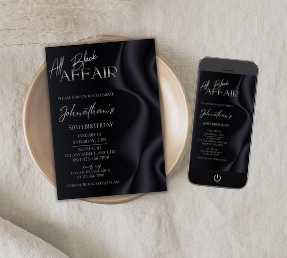 All black affair adult birthday invitation Editable black tie little dress bday party invite Luxury men women template Corporate gala dinner