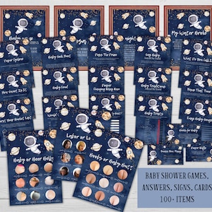 Editable space baby shower games, Galaxy baby sprinkle game bundle, Boys party activity pack, Printable astronaut games answers template