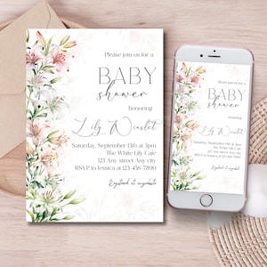 Bewerkbare lelies babyshower uitnodiging, aquarel lelie bloemen baby strooi uitnodigen tuin bloemen verjaardagskaart bloemen bruids douche evite