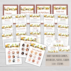 Editable baby under construction games, Yellow trucks sprinkle game bundle, Boy shower party activity pack, Dump mixer bulldozer templates