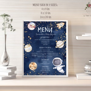 Sinal de menu de chá de bebê de espaço editável, pôster de menu de festa galáxia imprimível, cartão de menu personalizado de explosão de bebê, modelo de menu digital para meninos