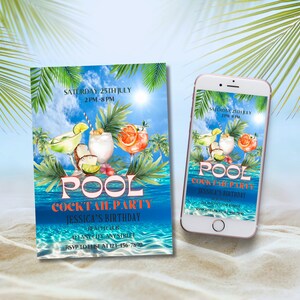 Invito di compleanno per cocktail party in piscina, invito per compleanno estivo modificabile, modello per adulti di nuoto, donne e uomini che nuotano evitati, carta cocktail sulla spiaggia