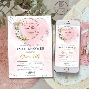 We zijn over de maan meisje baby shower uitnodiging, roze wolk baby strooi telefoon uitnodiging, bewerkbare twinkle kleine ster sjabloon, Galaxy evite