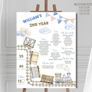 May include: A blue and brown train themed milestone poster for a child's second birthday. The poster features a train track with a train, a cloud with the number "2", and a list of things the child can do, eat, and say. The poster also includes the child's name, "William's", and their age, "2nd Year".