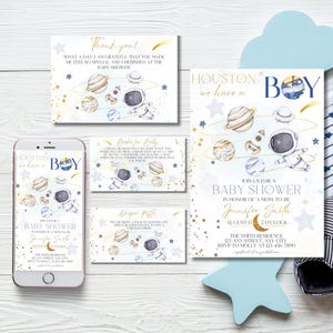 Houston we hebben babyshower voor jongens Bewerkbare Galaxy babysprinkhaan digitale uitnodiging Astronaut outer space-sjablonen, benodigdheden voor aanstaande moeders
