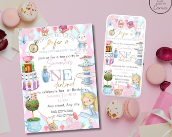 Cute Alice in wonderland invitation, Mad hatter tea party evite, Girls birthday invite, Whimsical party invitations, pink pastel template